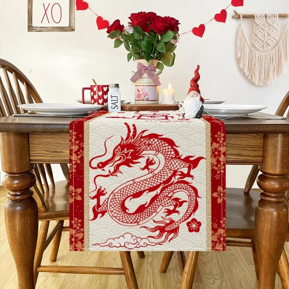 Chinese New Year Dragon Linen Table Runner Festive Decor