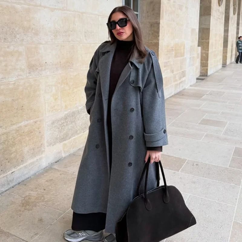 Elegant Womens Grey Belted Wool Coat Double Breasted Long Winter Peacoat