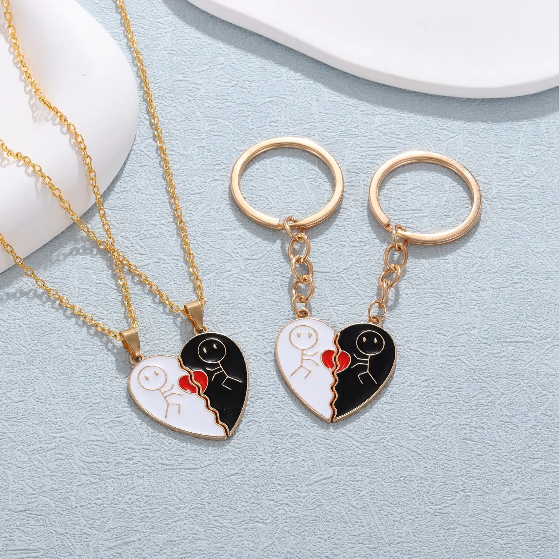 Couple Magnetic Necklace Stickman Heart Charm, Fashion Trendy Splicing Heart Pendant Jewelry Gift