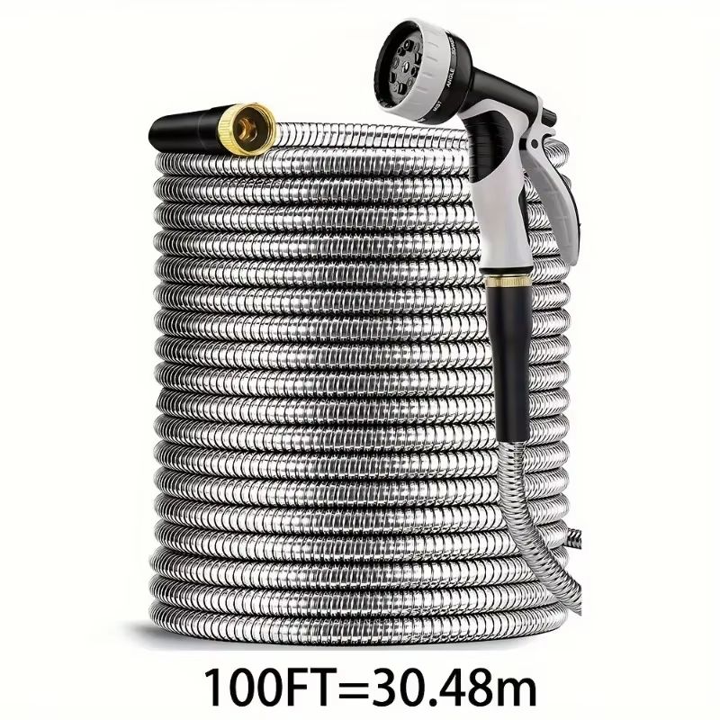 Heavy Duty Garden Hose with Stainless Steel Pipe and Adjustable 10-Function Spray Nozzle