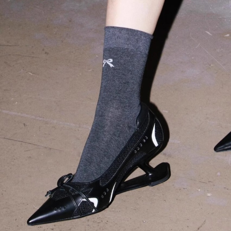 Womens Fashion Bow Spliced Heels, Special Heel Pointed Toe Non Slip Shallow Mouth Mary Jane Single Shoes