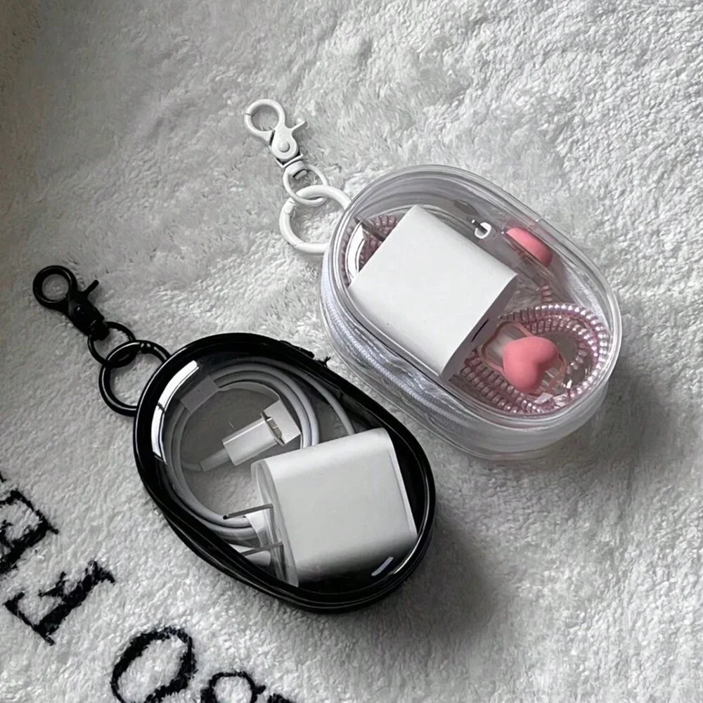 Portable Transparent Storage Bag with Zipper – Multi-purpose Headphone & Charger Case for Travel with Keychain