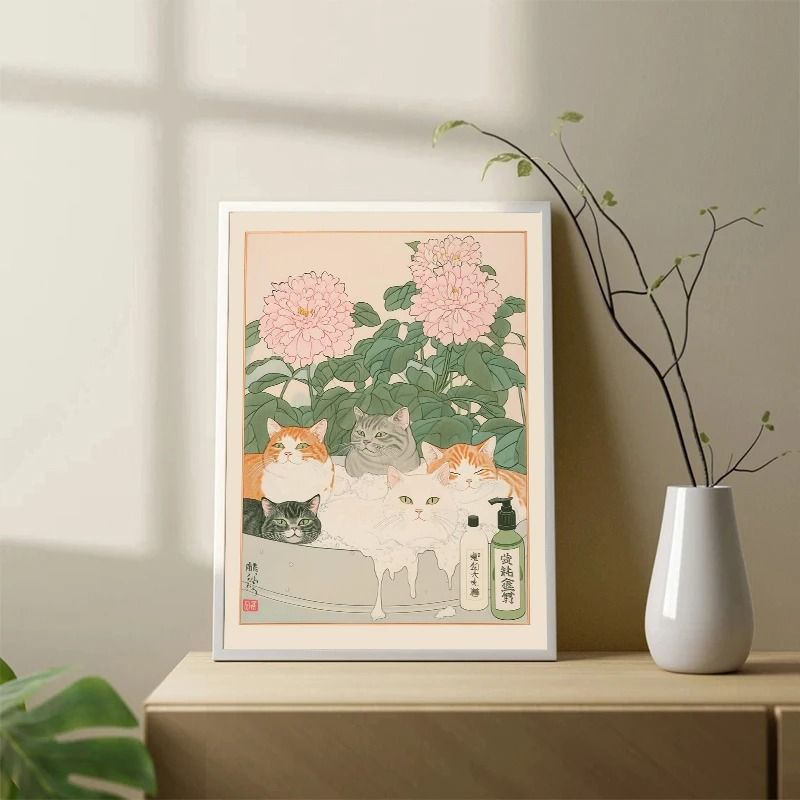 Japanese Tabby Cat in Bathtub | Retro Aesthetic Japandi Canvas Art
