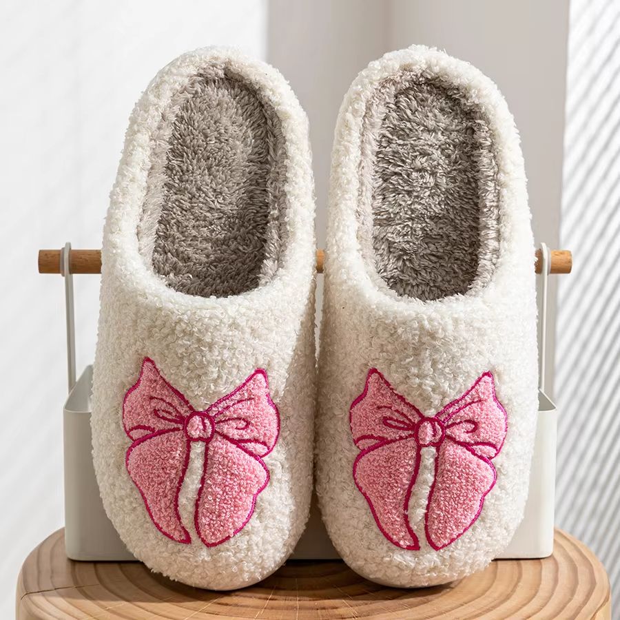 Womens Winter Bow Slippers – Warm Cotton Indoor Shoes with Soft Sole & Cute Design