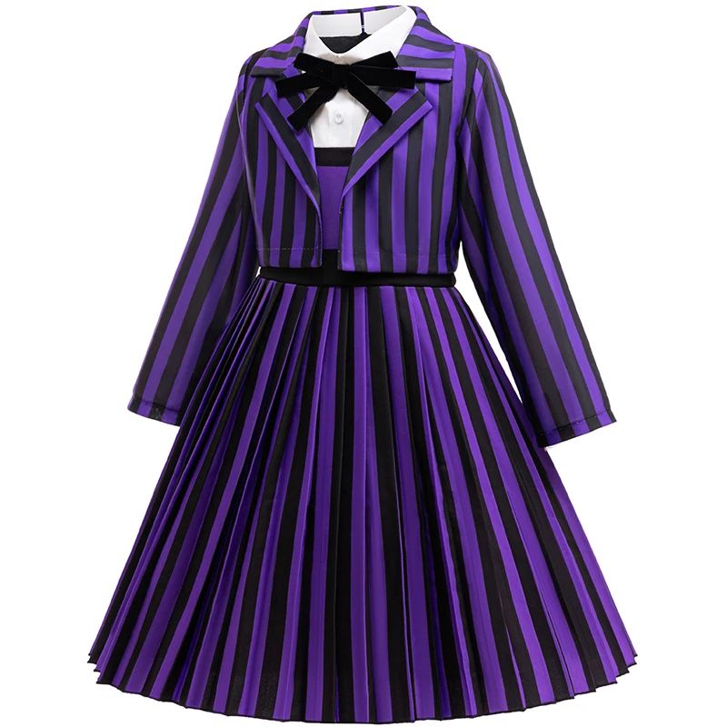 Wednesday Enid Sinclair Girls 2-Pcs Cosplay Dress – Kids Striped Party & Halloween Costume Outfit