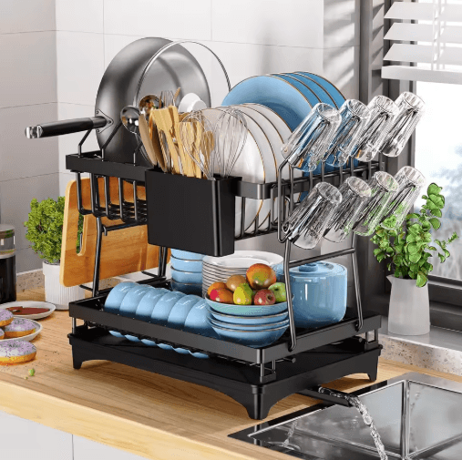 2 Tier Kitchen Countertop Dish Drying Rack with Drip Tray Metal Space Saving Dish Drainer