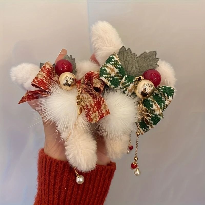 Christmas Plush Bow Hair Claw Clip Faux Fur Holiday Accessory