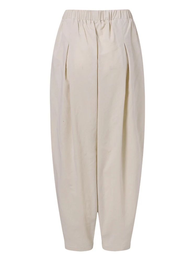 Women Summer Cotton Wide Leg Pants Elastic Waist Loose Casual Trousers