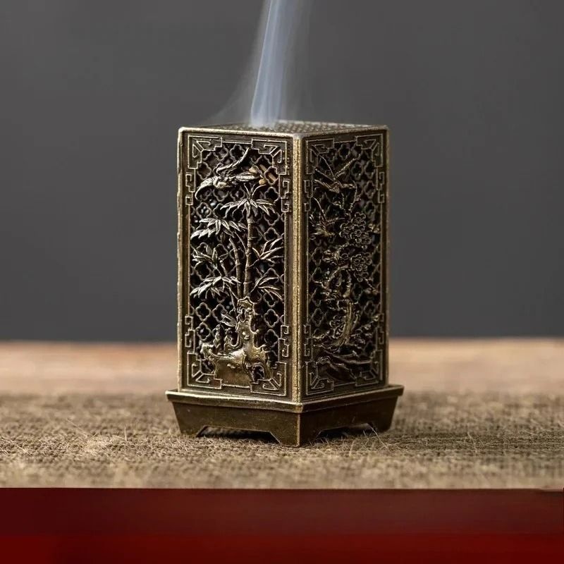 Square Vertical Incense Burner Alloy Aromatherapy Holder with Chinese Plum Design