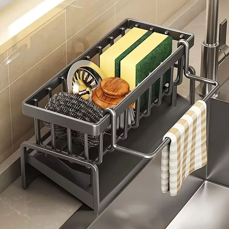 Auto Draining Kitchen Sink Sponge Holder – Plastic Sink Caddy Organizer with Removable Brush Holder