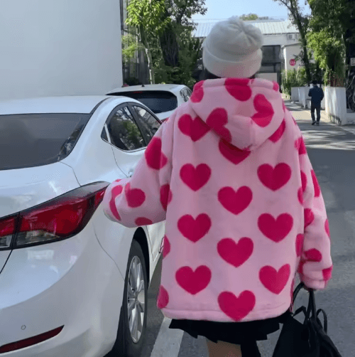Harajuku Heart Plush Hooded Jacket – Cozy plush winter jacket women