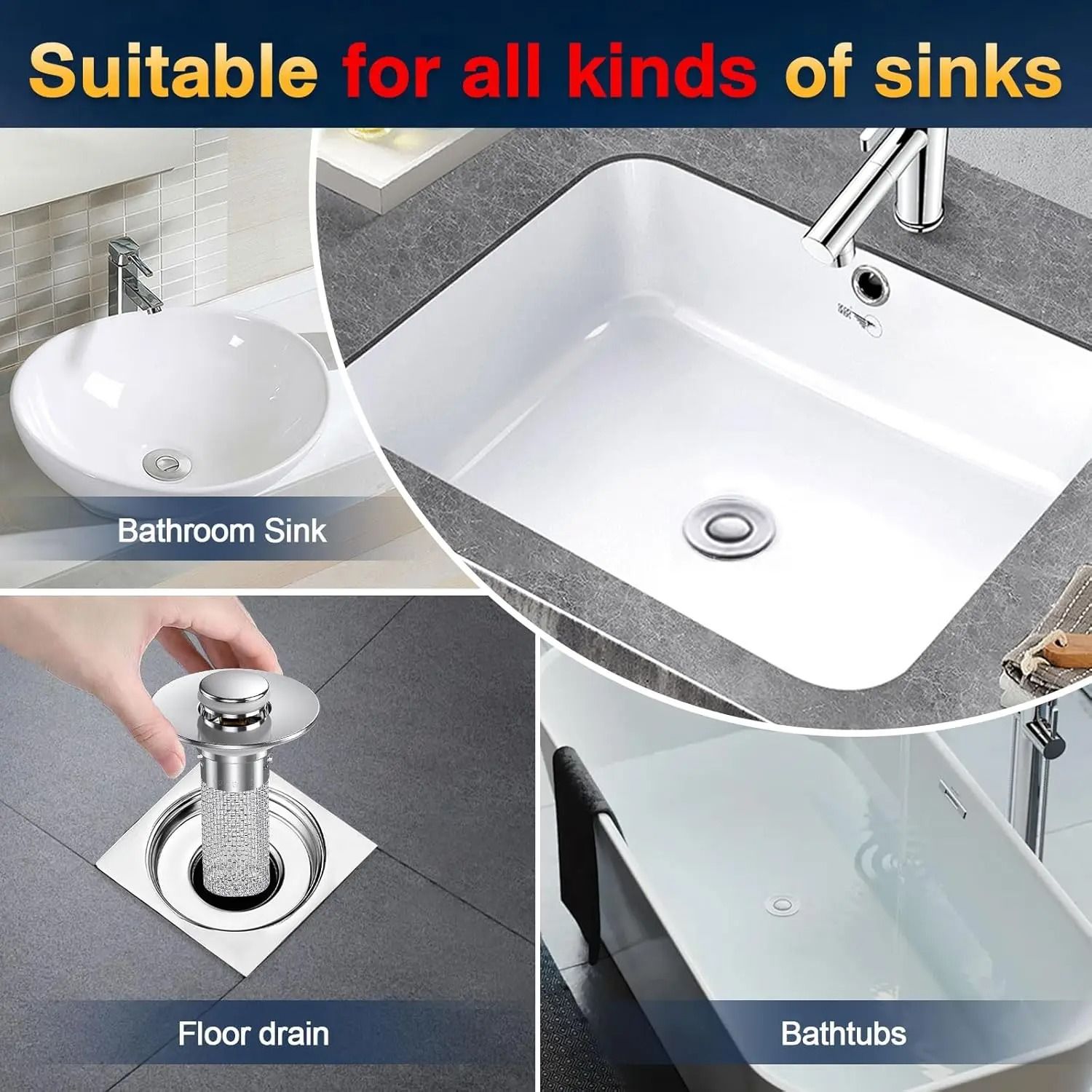 Pop-Up Bathroom Sink Drain Strainer with Removable Stainless Steel Hair Catcher and Drain Stopper