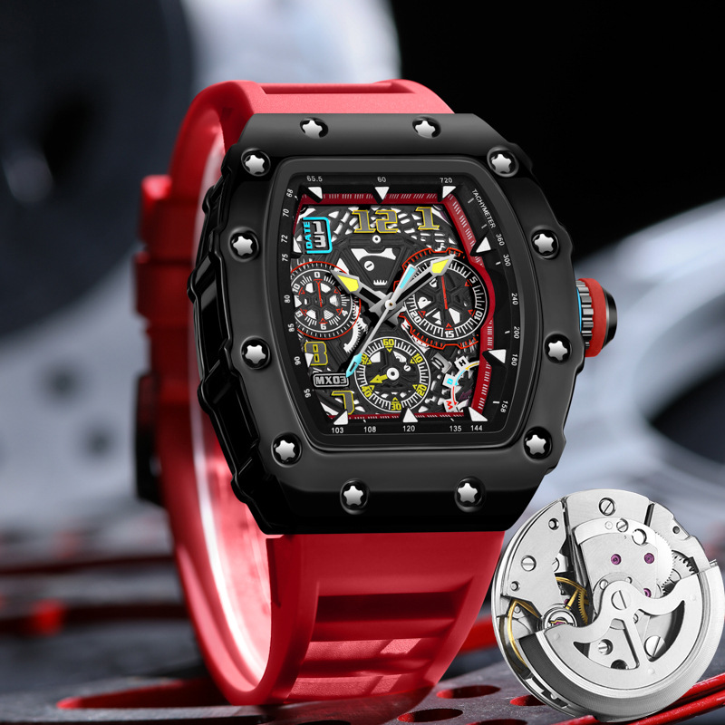 Richard Luminous Calendar, Barrel Hollow Mechanical Watch, Luxury Waterproof Watches for Men