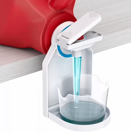 Spill Free Laundry Detergent Dispenser Cup Holder Push Pause Nozzle Space Saving Laundry Accessory