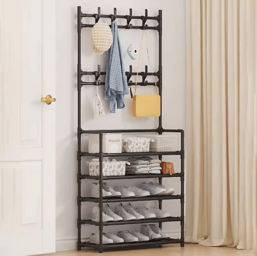 5-Layer Multifunctional Shoe & Coat Rack with Integrated Storage (2-Piece Set)