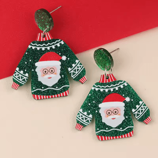 Festive Christmas Sweater Earrings Acrylic Santa and Snowflake Holiday Dangle Earrings