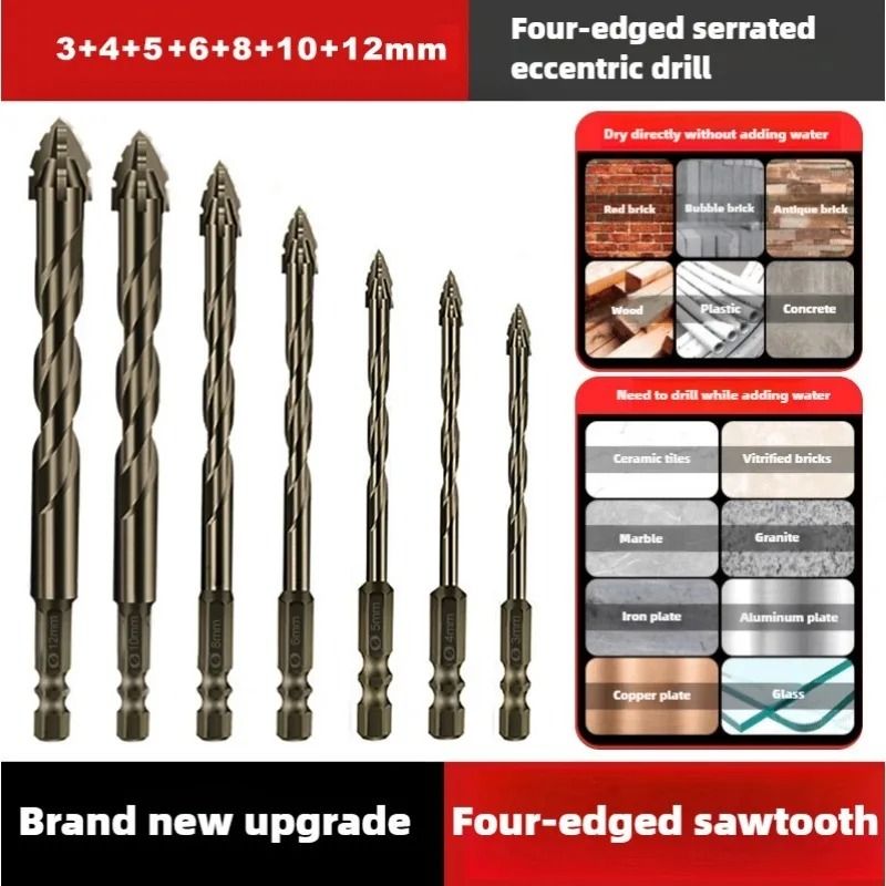 Four Edge Serrated Eccentric Drill Bit Set for Tile Glass and Concrete
