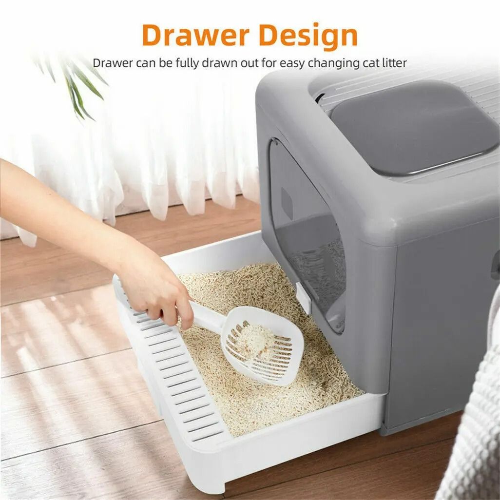 Foldable Enclosed Cat Litter Box with Sifting Drawer Front and Top Entry