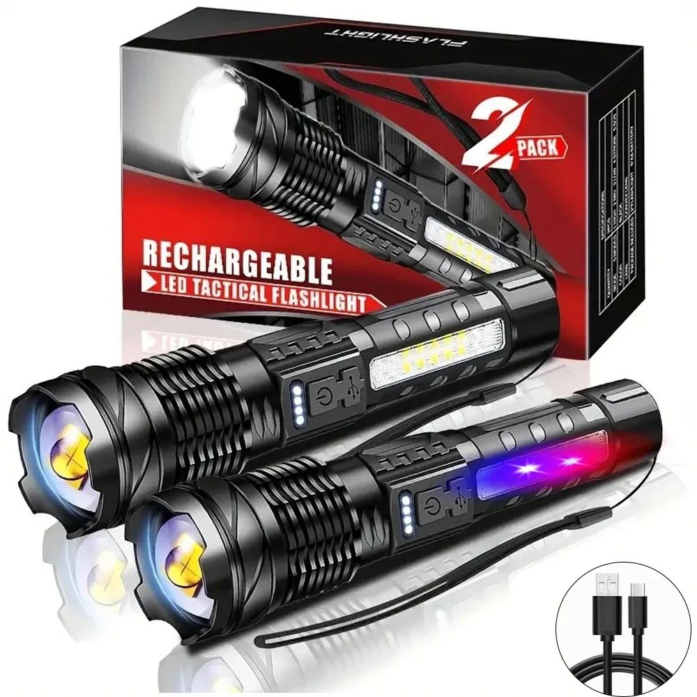 XHP50 LED Flashlight 1000LM - Waterproof Zoom Torch w/ Side Work Light, USB Rechargeable 18650, 7 Modes