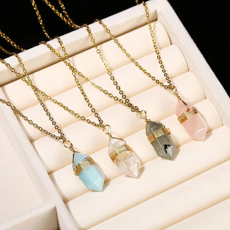 Natural Pink Quartz Amethyst Hexagon Column Pendant Necklace