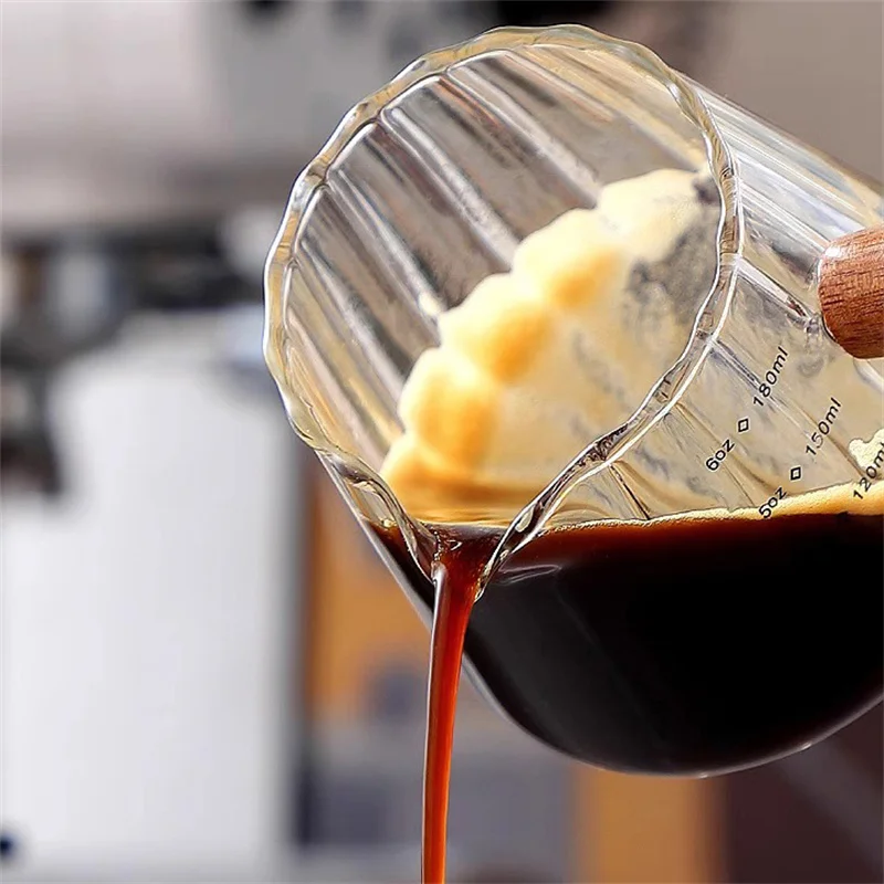 Glass Coffee Extraction Cup with Scale, Espresso Measuring Cup, Wood Handle Milk Jug