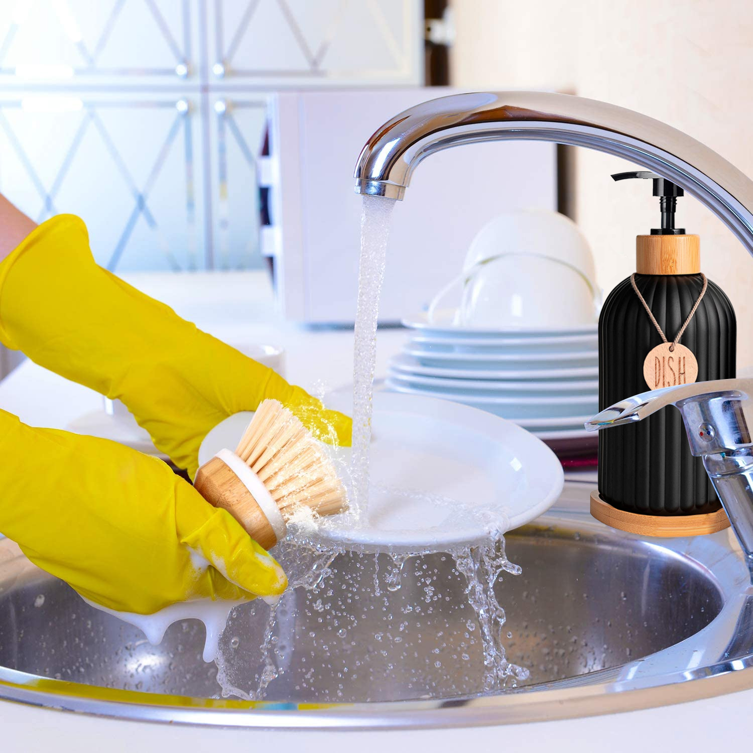 Kitchen Black Dish Soap Dispenser Set with Tags Countertop Storage for Hands & Dish Soap