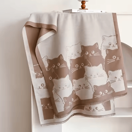 Cute Cat Jacquard Pashmina Scarf – Thick Cashmere Winter Shawl & Blanket Wrap for Women
