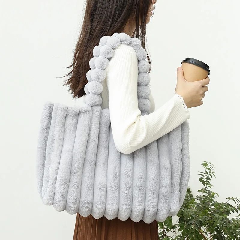 Luxurious Plush Tote Bag Striped Faux Fur Shoulder Handbag