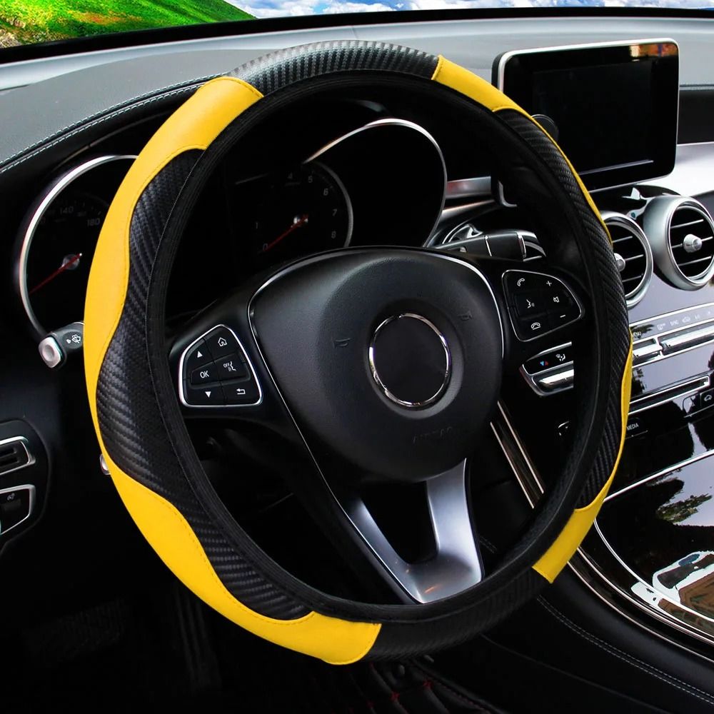 Carbon Fiber PU Leather Steering Wheel Cover 14.5 to 15 Inches