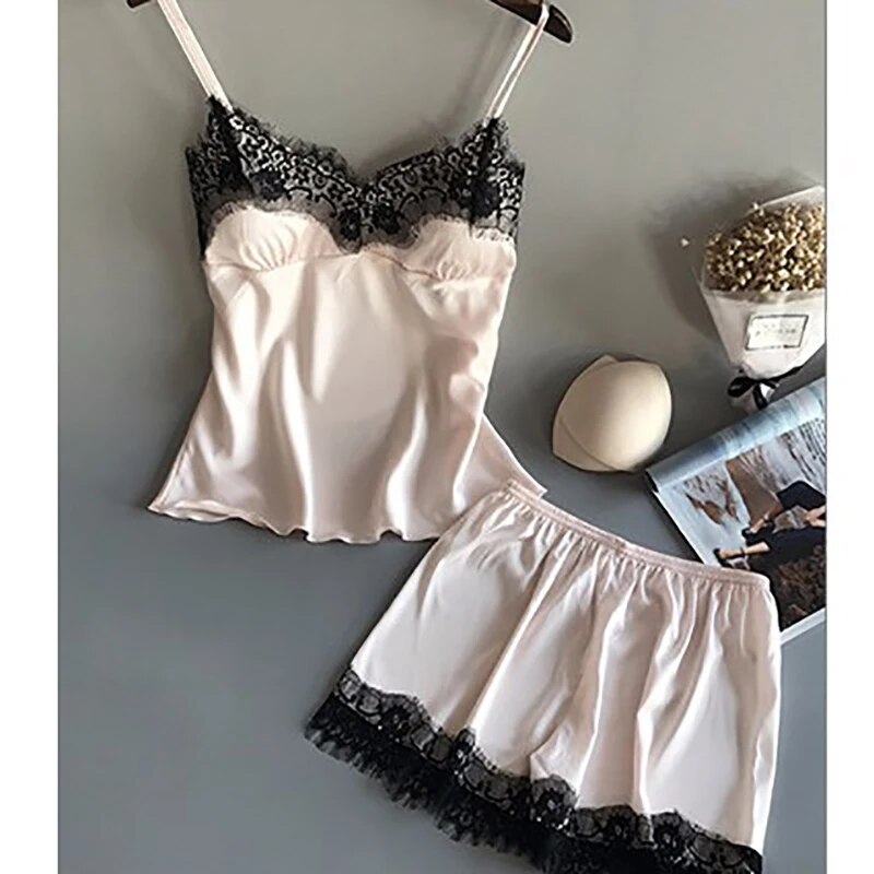 Sexy Lace V Neck Womens Pajama Set Elegant Sleepwear Shorts Lingerie