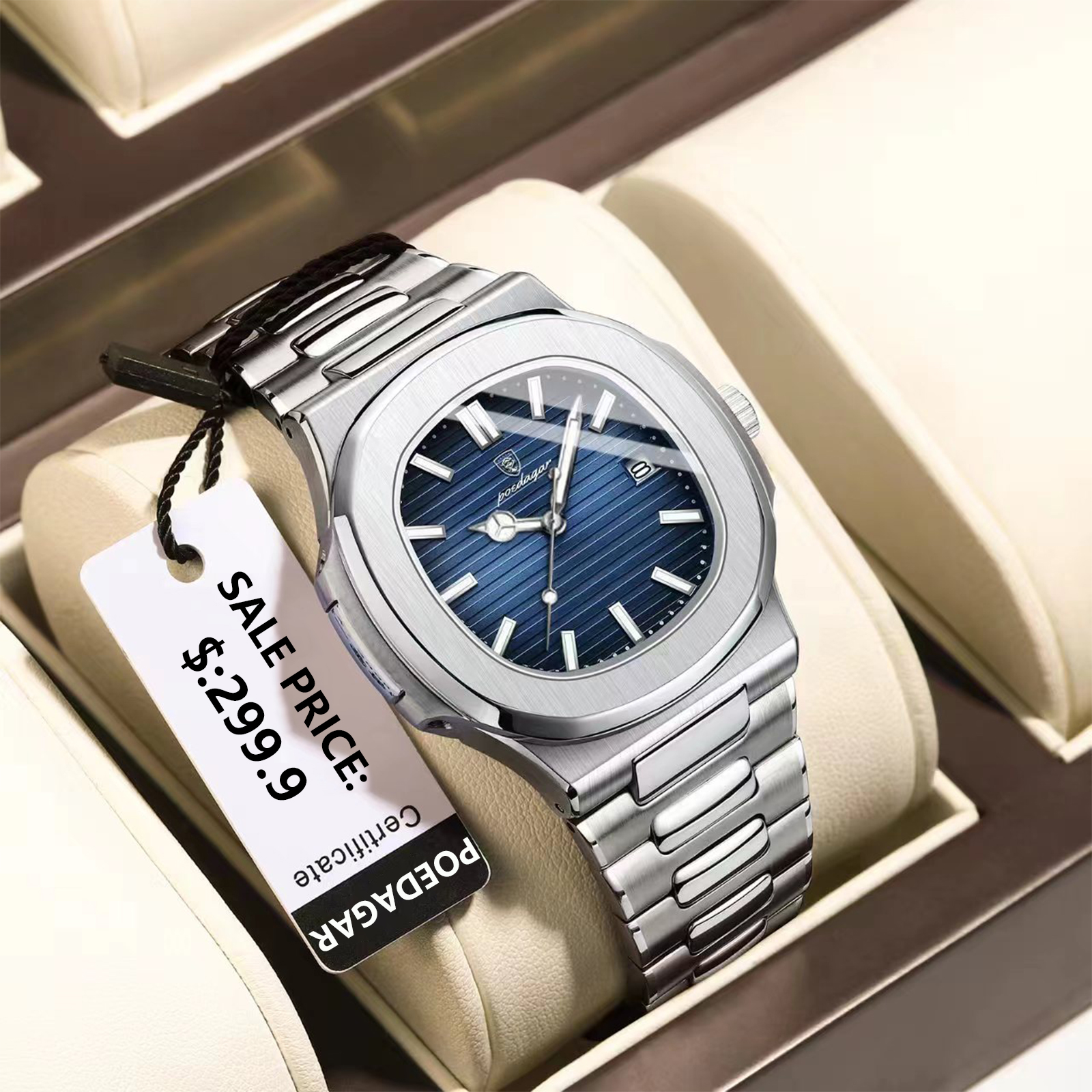 Luxury Brand Men Quartz Wristwatch, Stainless Steel Waterproof Luminous Date, Square Business Watch for Men