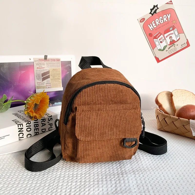 Minimalist Striped Velvet Mini Backpack for Women Students Lightweight Daypack for Leisure Travel School Casual Use