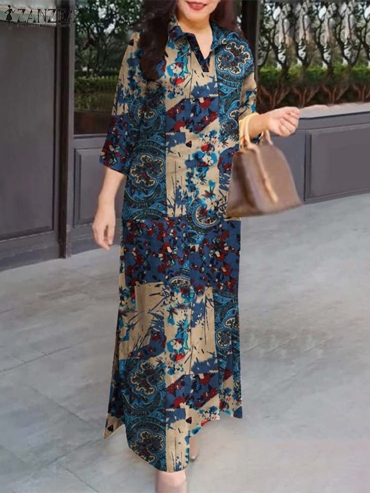 Autumn Cotton Maxi Sundress, Women Fasihon Shirtdress, Lapel Oversized Vintage Floral Print Sleeve Long Dresses