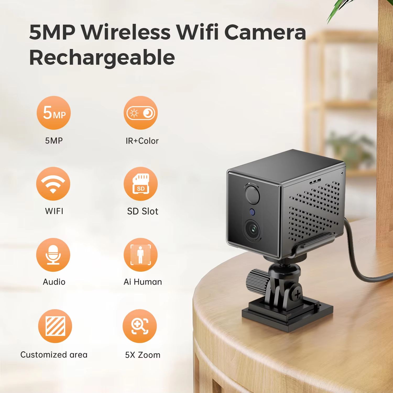 O-Kam Pro 5MP Mini WiFi IP Camera, 2400mAh Rechargeable PTZ with Human Detection and 5X Zoom