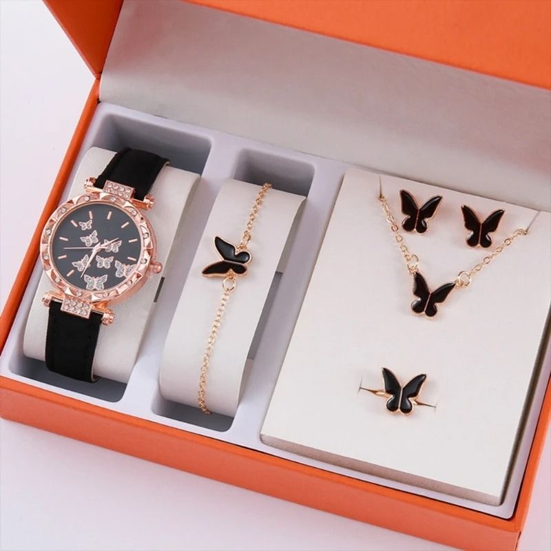 Butterfly Jewelry Set Fashion Women's Quartz Watch, Leather Band, Necklace, Earrings, Bracelet, and Adjustable Ring