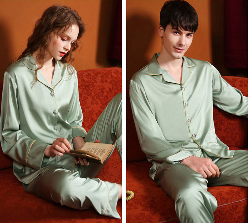 High Quality Couple Pajamas, Women Ice Silk Loungewear, Men Satin Sleepwear Set, Classic Autumn Summer Pajama Suit Unise