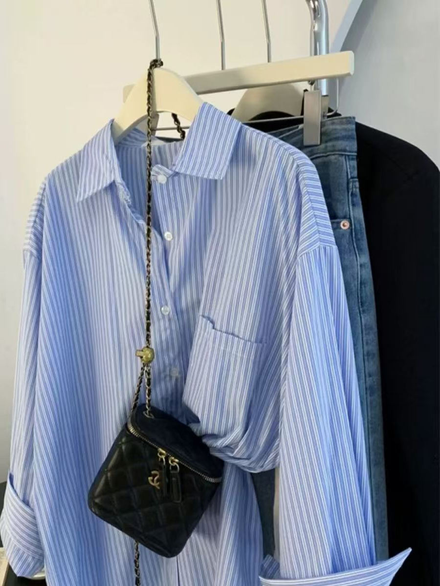 French Vintage Retro Shirt, Lazy Sle Blue Striped Blouse, Womens Long Sleeve Oversized Top for Spring and Autumn