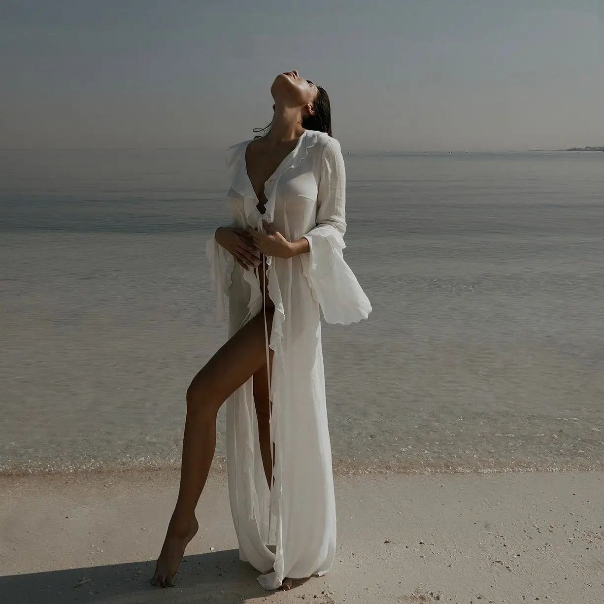 Chiffon V Neck Ruffled Beach Cover Up
