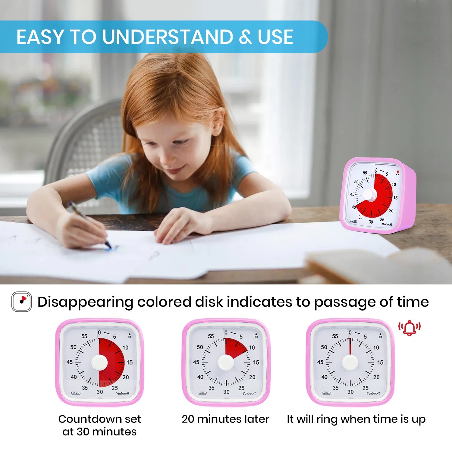 Silent Visual Timer for Kids,Yunbaoit VT01 60 Minute Countdown Clock with Protective Case for Focus, Study & Classroom