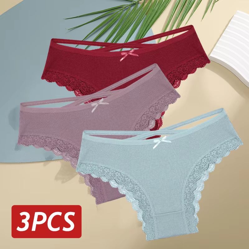 Women's 3-Piece Cotton Low-Rise Lace Brazilian Panties Set Breathable Soft Underwear S-XL