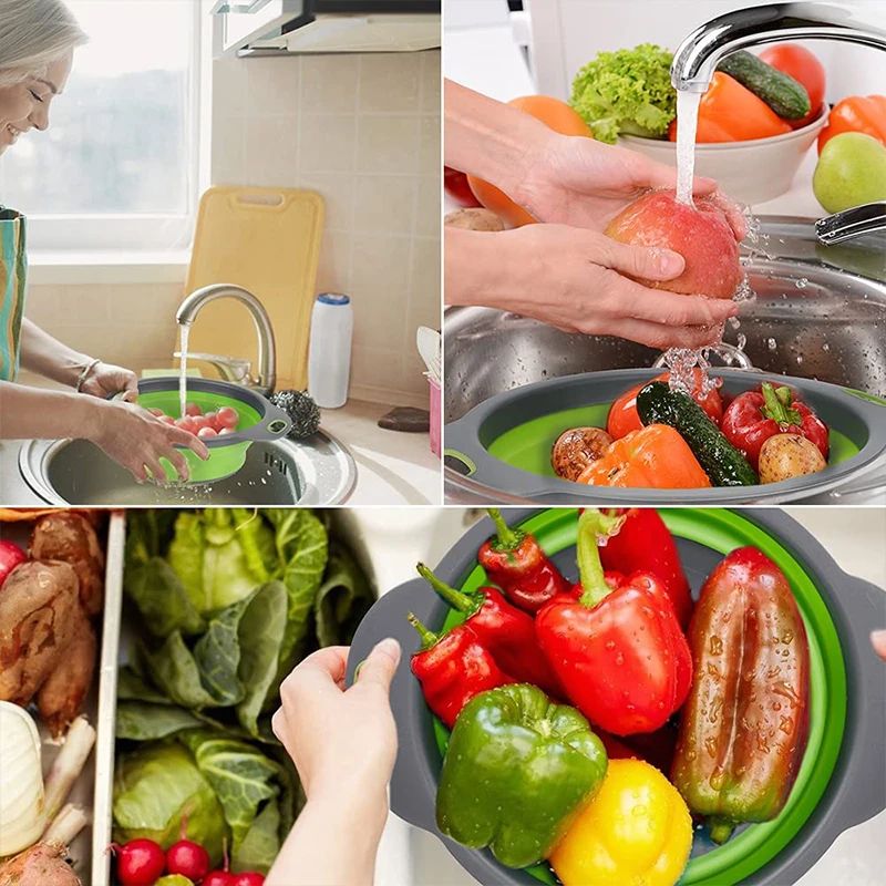 Foldable Silicone Colander Set – Collapsible Fruit & Vegetable Strainers with Handles (2-Pack)