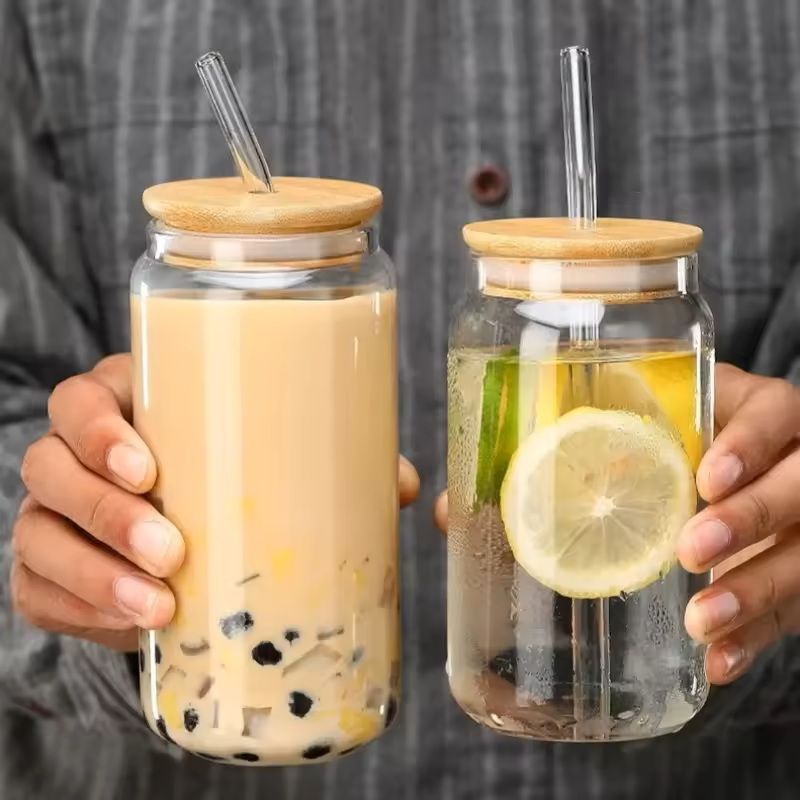 Glass Straw Cup with Dustproof Wooden Lid