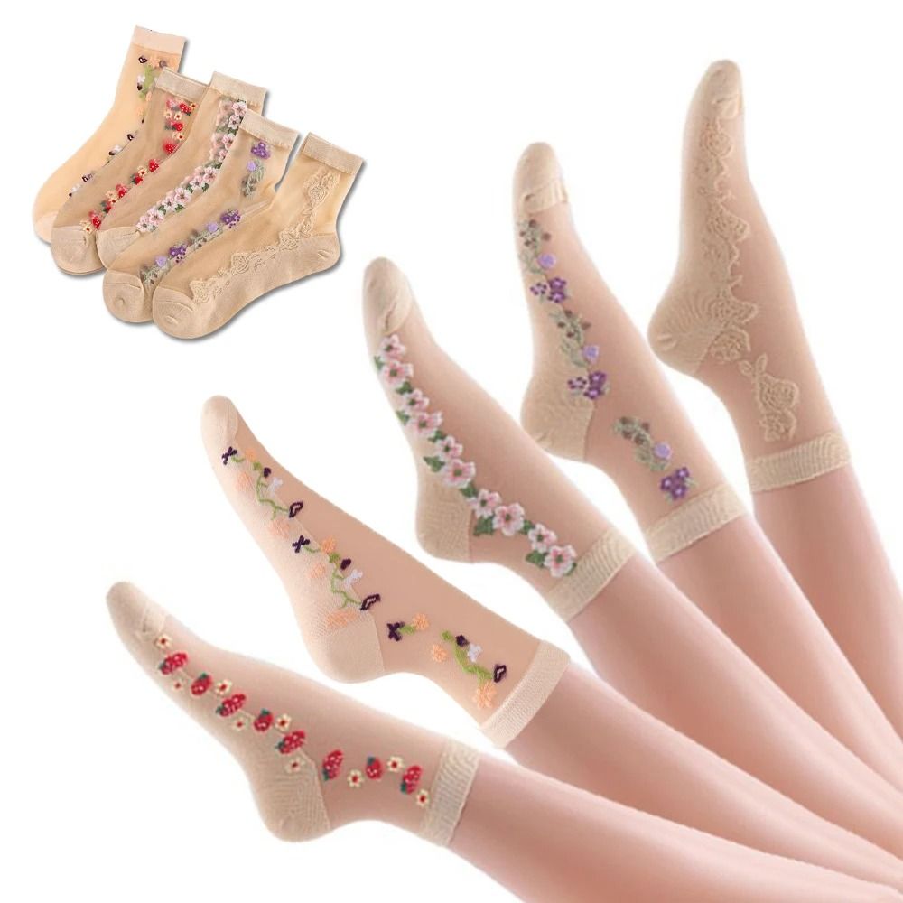 5 Pairs Ice Silk Socks Women Spring Summer Mid Tube Breathable Anti Slip Crystal Thin