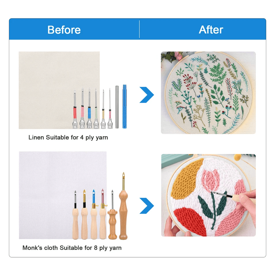 Punch Needle Embroidery Kit, Sewing Tool for Floss Cross Stitching Beginner with Wooden & Metal Handles, Monk's Cloth