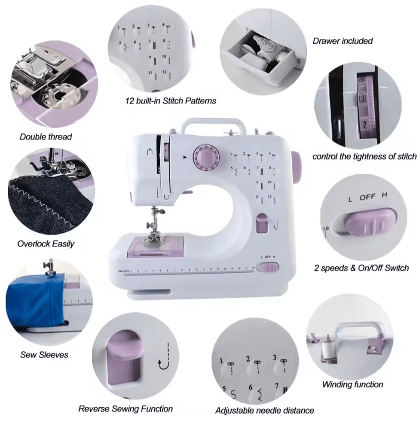 Multi Function Household Sewing Machine with Presser Foot Set and Lock Edge Feature