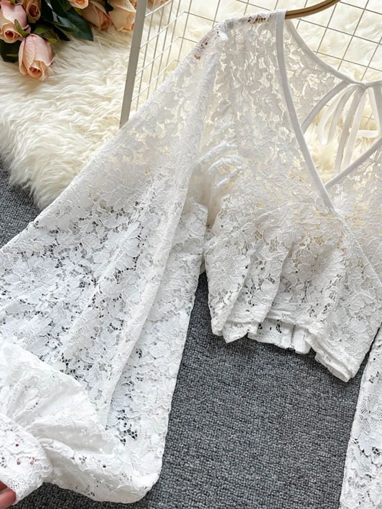 Women's Lace Open Back Blouse – V-Neck Puff Sleeve Cropped Party Top