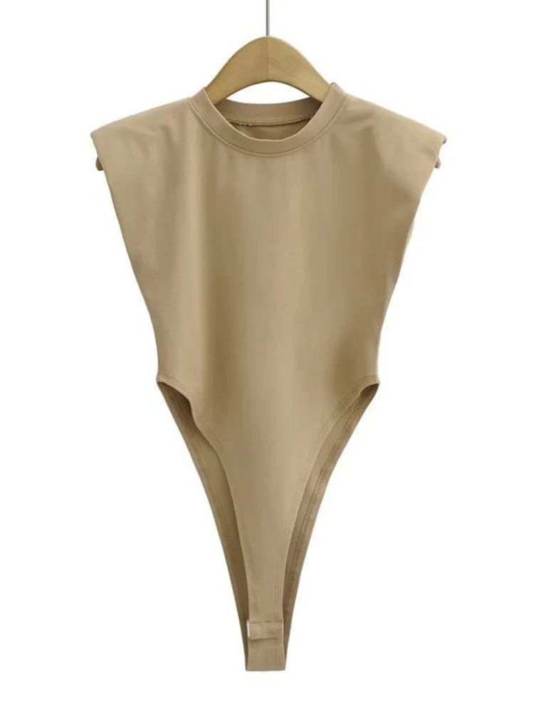 Padded Shoulder Bodysuit Women Summer One Piece Slim Fit Sleeveless Bodycon Top