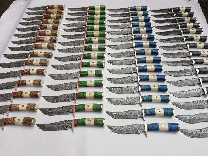 Lot of 50 custom made Damascus knives with different handle materials, hand forged skinning knives, custom Damascus hunt