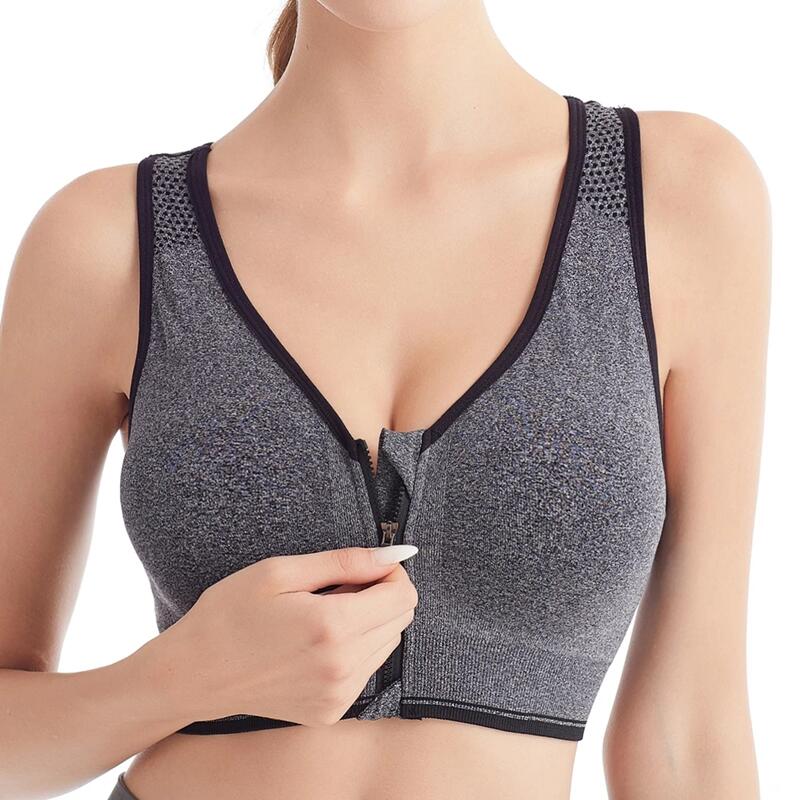 Running Fitness Sports Bra Front Zipper, Shockproof Wireless Bralette, Breathable Seamless Womens Underwear for Workout