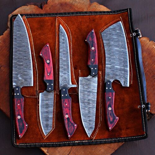 Handmade Damascus Steel Chef Knives Kitchen Set with Leather Bag | Full Tang